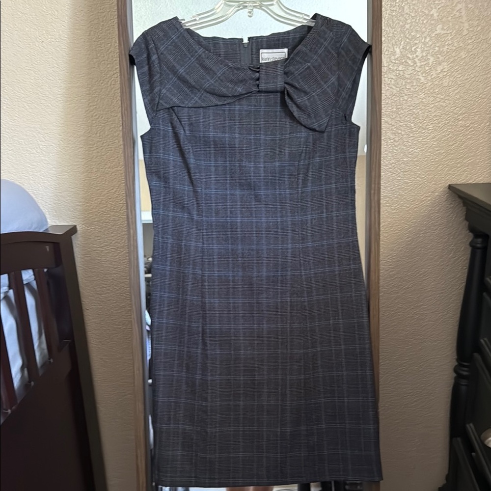 Karin Stevens Gray Asymmetrical Pleated Sheath Dress